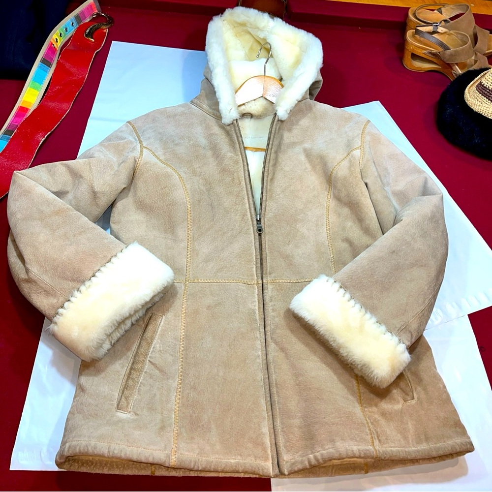 WILSONS TAN Suede Patchwork LEATHER Full Zip Jacket womens large FUR Hood/Cuffs